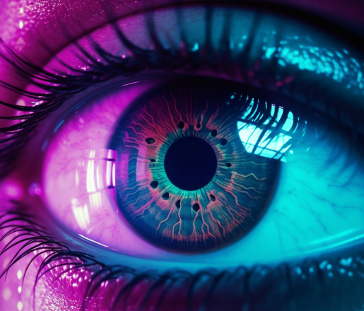 Image d'un œil humain dans une ambiance futuriste avec des couleurs néon